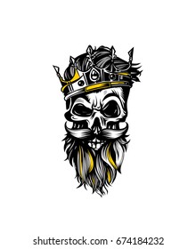 Illustration of black and white skull in crown with beard isolated on white background, vector illustration