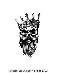 Illustration of black and white skull in crown with beard and moustache isolated on white background, vector illustration