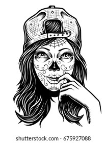 Illustration of black and white skull girl with cap on head on white background