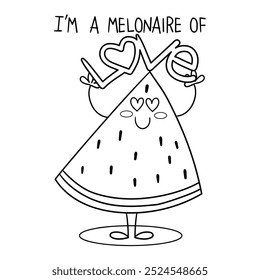 Illustration in black and white of a slice of melon with arms up holding the word love, melon in love, with heart-shaped eyes, coloring page