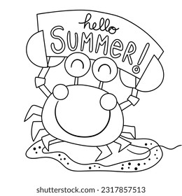  Illustration in black and white of a smiling crab holding a sign that says welcome summer, coloring page