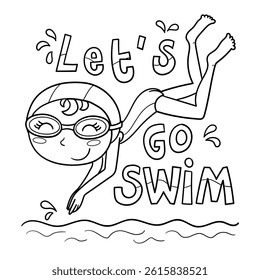 Illustration in black and white of a smiling little girl swimming in the pool, coloring page