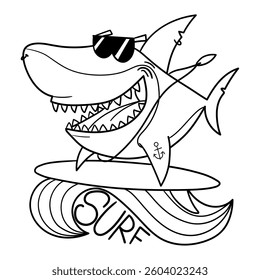 Illustration in black and white of a smiling shark wearing surfer glasses and a necklace, surfing on a surfboard, coloring page