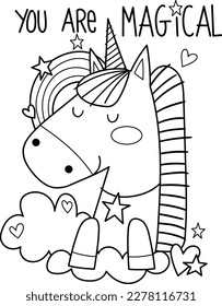 Illustration in black and white of a smiling unicorn in the clouds, with a rainbow, hearts and stars and the phrase you are magical. Coloring book
