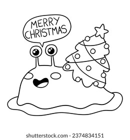 Ilustración en blanco y negro de un caracol con el caparazón en forma de un árbol de Navidad y diciendo Feliz Navidad, página de color