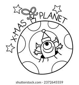 Illustration in black and white of a snowball that looks like a planet from which a Martian with a Santa Claus hat emerges from a crater and says Merry Christmas, Coloring page