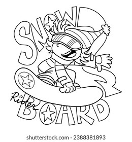 Illustration in black and white of a snowboarder surfing on a handmade lettering with the word Snow board rider, coloring page