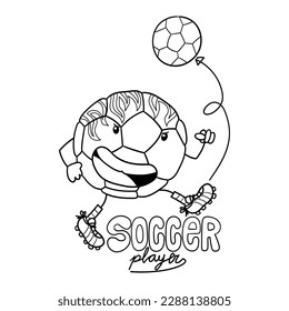 Illustration in black and white of a soccer ball kicking a ball, cartoon of a ball, coloring page
