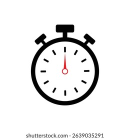 Illustration of a black and white stopwatch with a red second hand pointing to the top center
