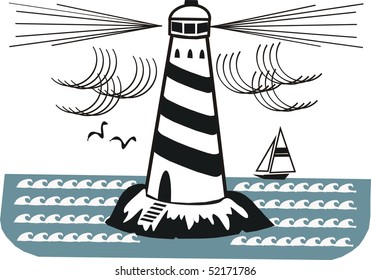 Illustration of black and white striped lighthouse on rock with textured ocean and yacht. The cartoon has been drawn to give a woodcut print effect. 
