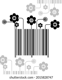 
Illustration in black and white with stylized barcode