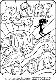 Illustration in black and white of a surf themed design, with the silhouette of a girl surfing in a sea of waves and a sun and a cloud, coloring page