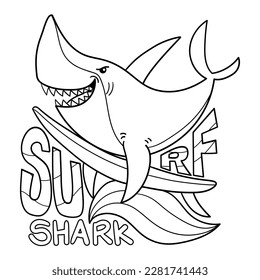 Illustration in black and white of a surfer shark, mounted on a surf table with handmade letters