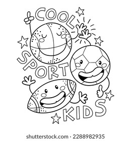  Illustration in black and white of three balls, basketball, soccer and rugby, smiling and high five, coloring page
