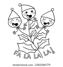 Illustration in black and white of three cute holly berries wearing elf hats and singing a Christmas song, coloring page
