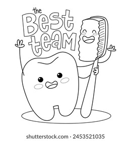 Ilustración en blanco y negro de un diente y un cepillo de dientes abrazando y sonriendo con la frase el mejor equipo, página para colorear
