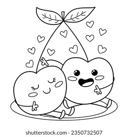 Illustration in black and white of two cherries in love, coloring page