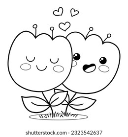 Illustration in black and white of two cute tulips in love, coloring page