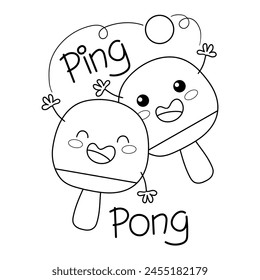 Illustration in black and white of two funny ping pong paddles playing with a ball, coloring page
