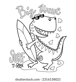 Illustration in black and white of a tyrannosaurus rex with a surfboard ready to surf, coloring page