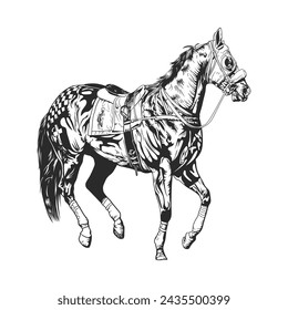 Illustration of a black and white vector art depicting a racing horse in full gear.