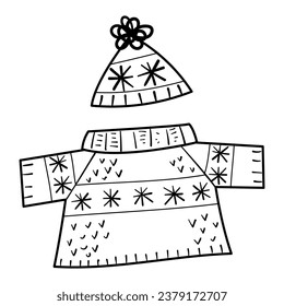 Illustration in black and white of a woolen hat and woolen sweater with snow stars, print design
