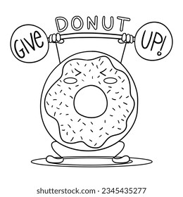 Illustration in black and whiteof a donut with chocolate glaze, with raised hands and the phrase Donut worry be happy, coloring page