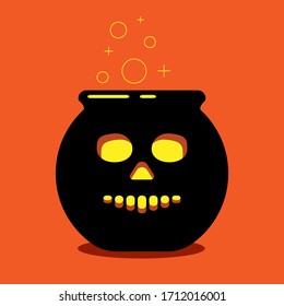 illustration with black witch cauldron and bubbles on an orange background. for halloween