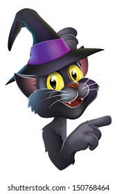 An illustration of a black witches cat in pointy witch hat leaning round a Halloween sign or banner and pointing