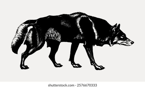 Illustration of a black wolf, sleek and powerful. The wolf is depicted in a stalking pose. The black wolf stands out with its detailed fur texture. Vintage illustration isolated on white, vector.