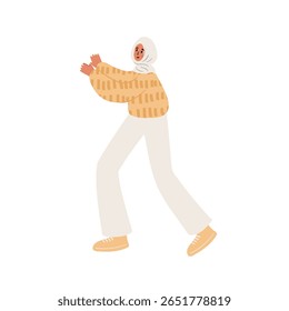 ilustração de uma mulher negra curtindo uma dança. Uma mulher de suéter amarelo e calças brancas se move graciosamente. Atividade de parque divertida e despreocupada. Ilustração de vetor plano.