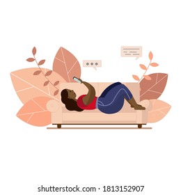 An illustration of a black woman laying on a couch with her smartphone. Curvy lady relaxing home. Leaves in the background.