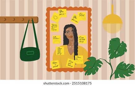 Ilustración mujer negra entrada de espejo notas adhesivas mensajes motivacionales editable Vector decoración de plantas