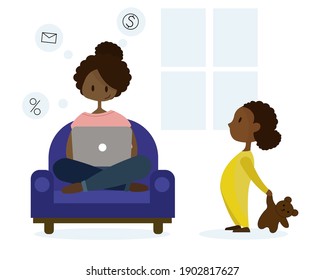 An Illustration Of A Black Woman Not Paying Attention To Her Child. Social Media Addiction. Working At Home Mother. Freelancer With Children.