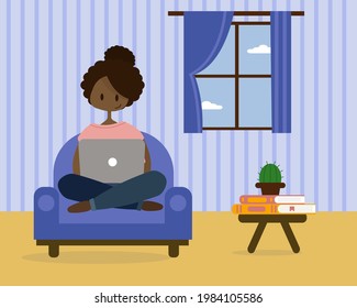 An illustration of a black woman sitting on a couch with her laptop. Work from home concept. 