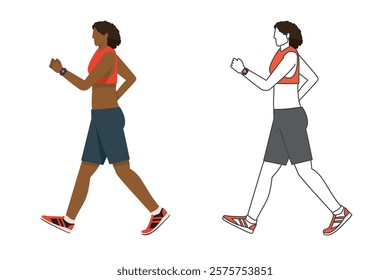 Illustration of a black woman taking a walk, walking, walking Flat design Set of color and two-color illustrations