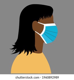 Illustration Of Black Woman Wearing Blue Surgical Mask COVID 19 Flat Design Vector