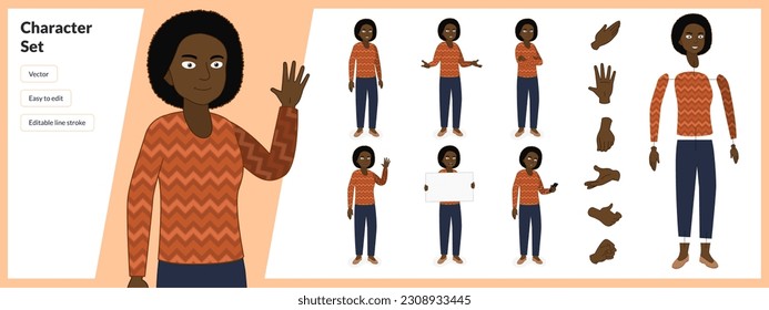 Illustration of black woman, wearing business casual pattern clothing in a set of multiple poses. Easy to edit with editable line strokes and isolated on white background. Suitable for animation.