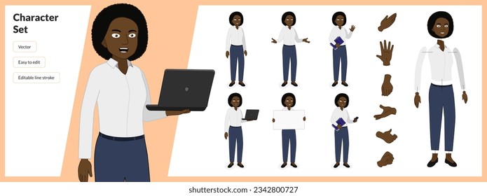 Illustration of black woman, wearing business casual clothing in a set of multiple poses. Easy to edit with editable line strokes and isolated on white background. Suitable for animation.