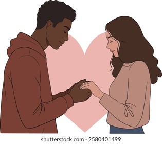 Illustration of a black young man holding the hands of a white girl in front of a large heart pattern, white background	