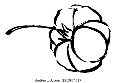 Illustration of black-and-white line drawing of a single rose seen from behind with a touch of brush.