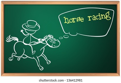 Illustration of a blackboard with a drawing of a boy doing horse racing on a white background