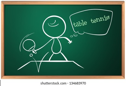 Illustration of a blackboard with a drawing of a boy playing table tennis on a white bakcground