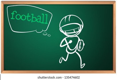 Illustration of a blackboard with a drawing of a boy playing football on a white baclground