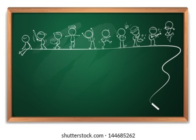 Illustration of a blackboard with a drawing of people engaging in different activities on a white background