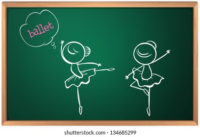 Illustration of a blackboard with a drawing of two ballet dancers on a white background