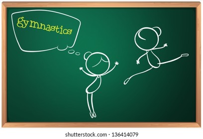 Illustration of a blackboard with a drawing of two girls doing gymnastics on a white background