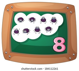 Illustration of a blackboard with eight insects on a white background