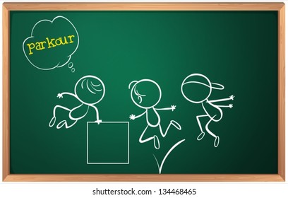 Illustration Of A Blackboard With Kids Doing Parkour On A White Background