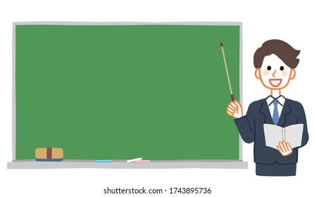 Illustration of blackboard and male teacher. The blackboard is a text space.